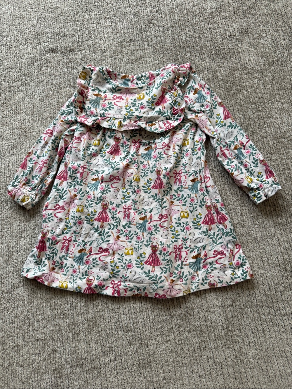 Baby Boden 9-12M Nutcracker Ballet Print Ruffle Long Sleeve Dress